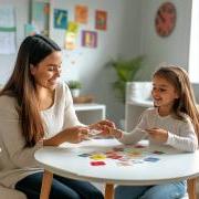 Therapist and child look at cards