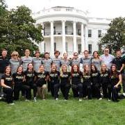 The CU Ski team stands in front of the White House during a visit to honor the team.